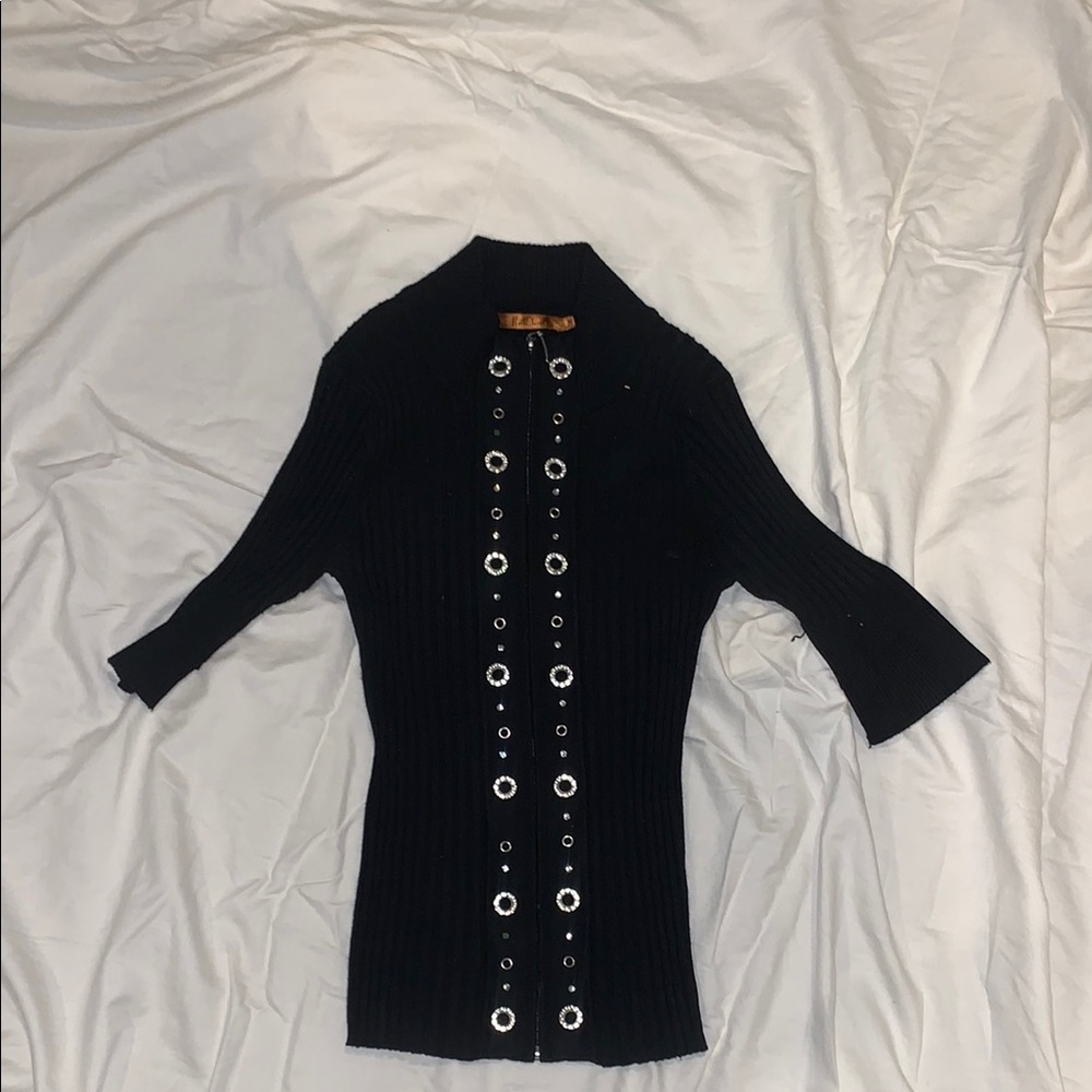 Chic Black Ribbed Sweater with Silver Accents